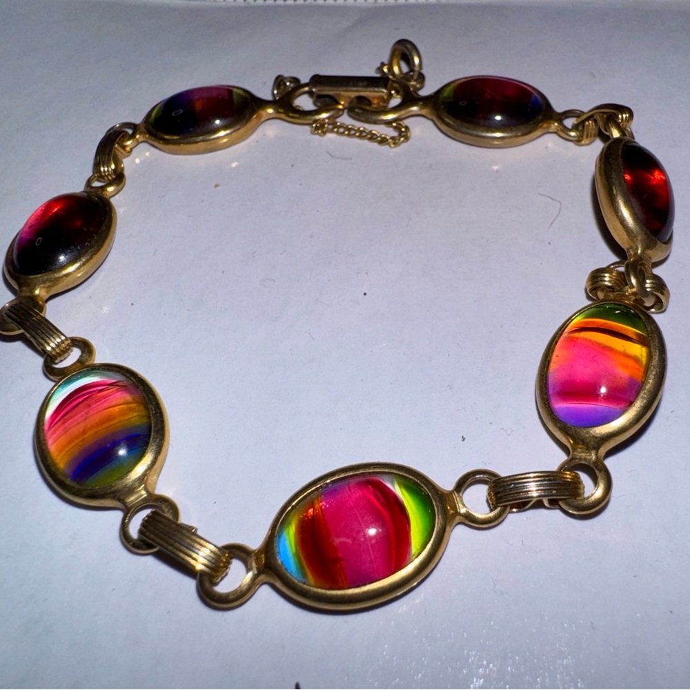 Vibrant Colorful Gold-Tone Bracelet With Light Catching Glass Stones